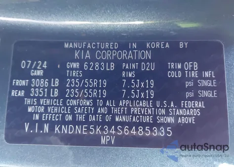 2025 Kia Carnival Mpv Sx z USA, uszkodzony, nr VIN KNDNE5K34S6485335